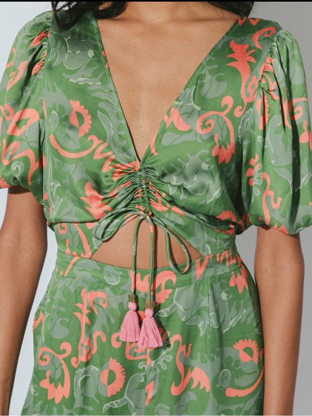Cleobella Claire Eco Modal Satin Floral Jumpsuit Green Pink Size XS